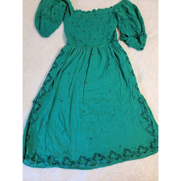 Anthropologie Bonnie Smocked Midi Dress Embroidered Green M Boho - Picture 5 of 11